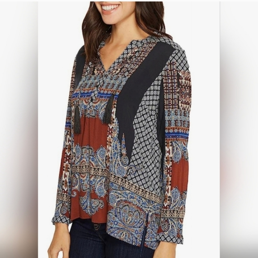 Tribal Jeans Arctic Dreamer Women's Blouse 100% Rayon Tassels Multicolor S/P